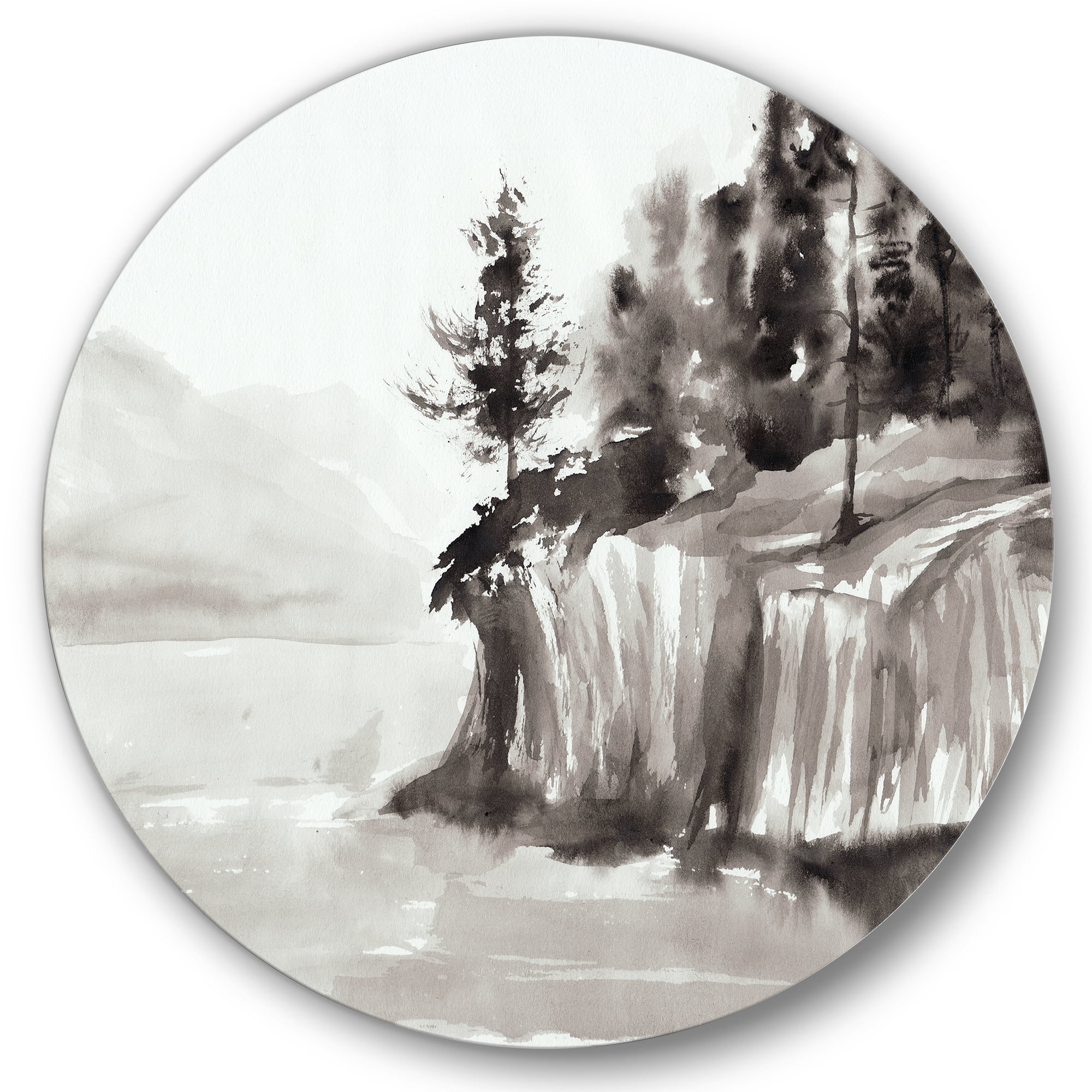 Black & White Cliffs By The Lake 11 in x 11 in Painting Art Prints, by Designart
