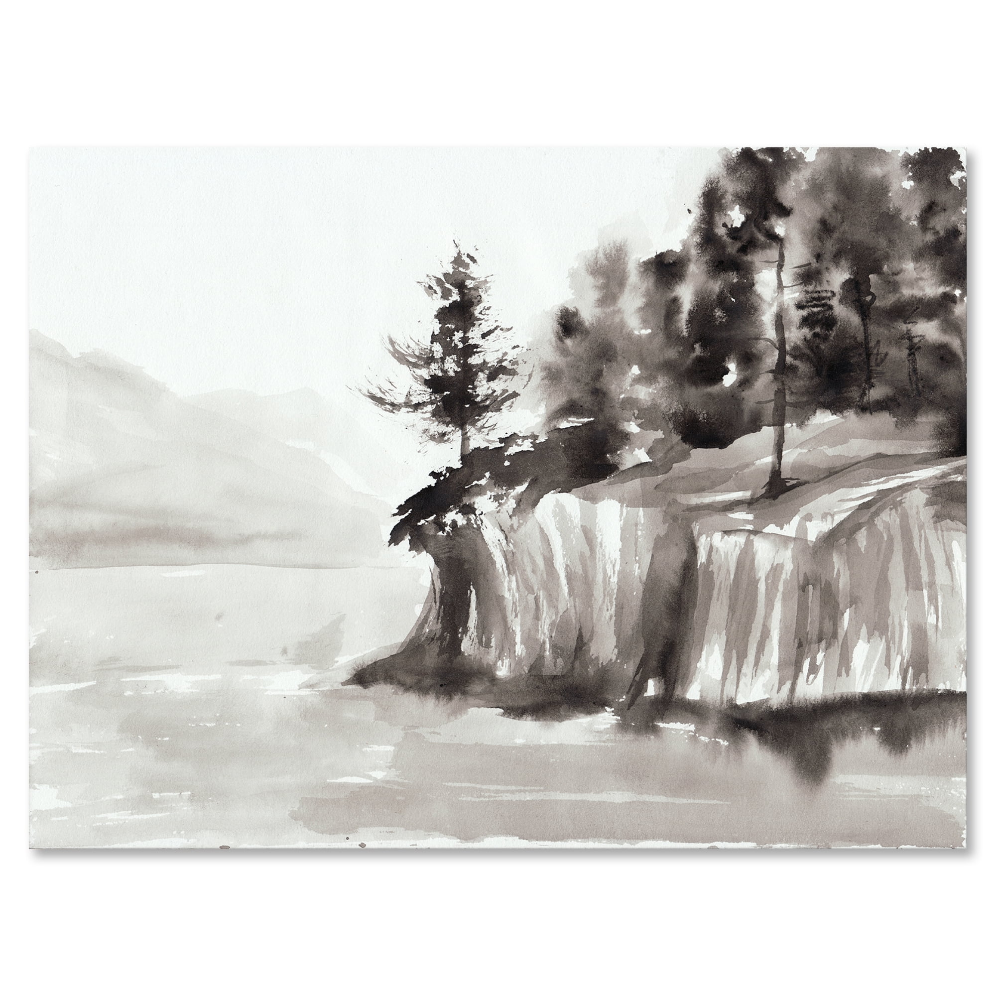 Black & White Cliffs By The Lake 40 in x 30 in Painting Canvas Art Print, by Designart