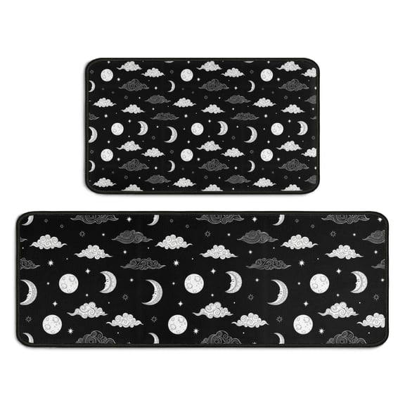 Black White Cloud Moon Star Pattern Kitchen Rugs Sets Of 2,Anti Fatigue Kitchen Mat Rugs Non Slip Washable,Decorative Kitchen Floor Mats for Kitchen,Sink,Laundry,17"X30"+17"X47"