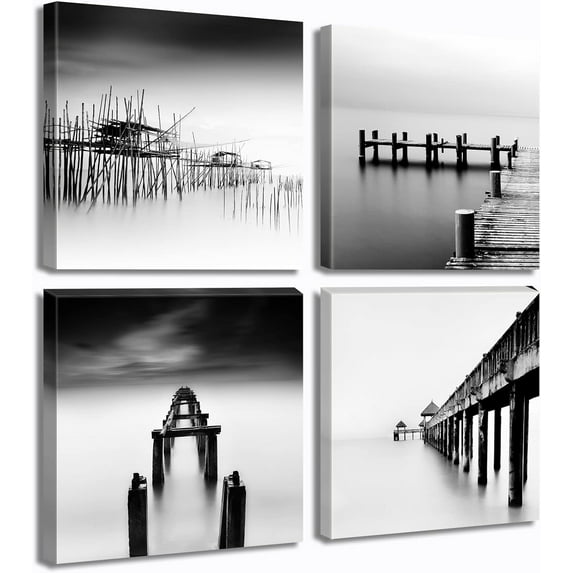 Black and White Coastal Wall Art Beach Pictures Bathroom Wall Decor Seascape Canvas Print Painting for Modern Abstract Living Room Bedroom Home Office Decorations 12" W x 12" H 4 Pieces
