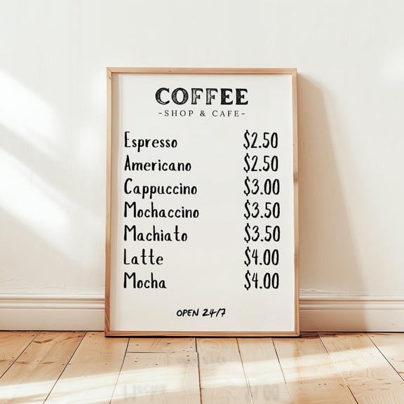 Black White Coffee Bar Menu Wall Art, Unframed Paper Print Size 24x36