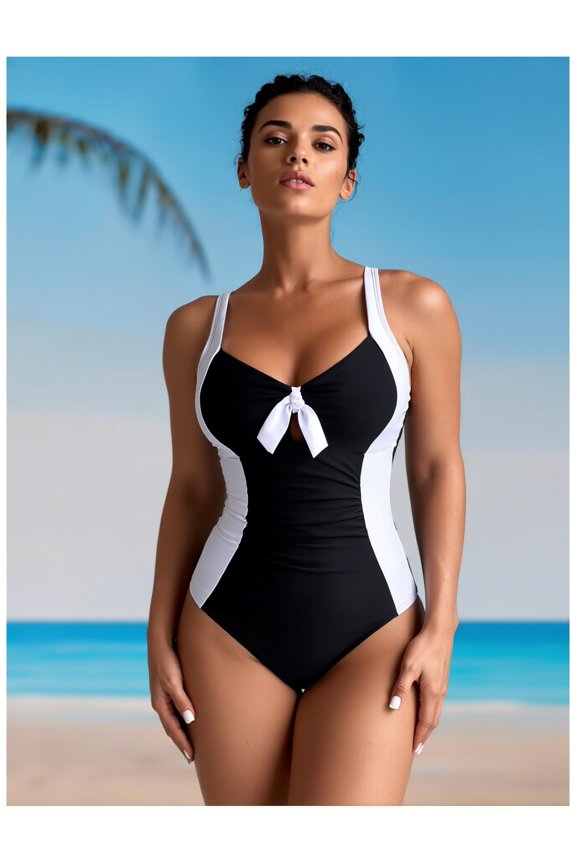 Black & White Color Block Bow Detail One-Piece Swimsuit - Classic Retro Style Swimwear, Sizes S-XL