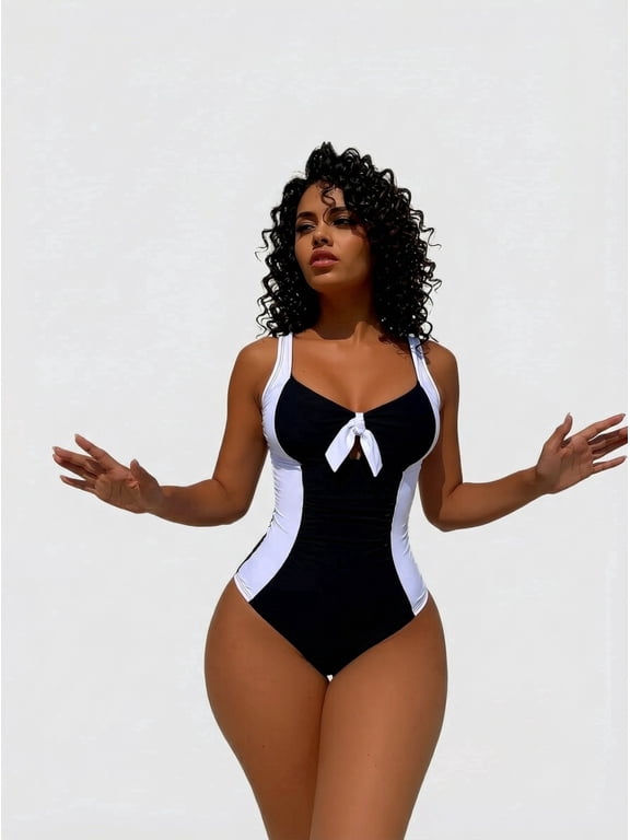 Women's Black White Color Block Bow Detail Retro One Piece Swimsuit