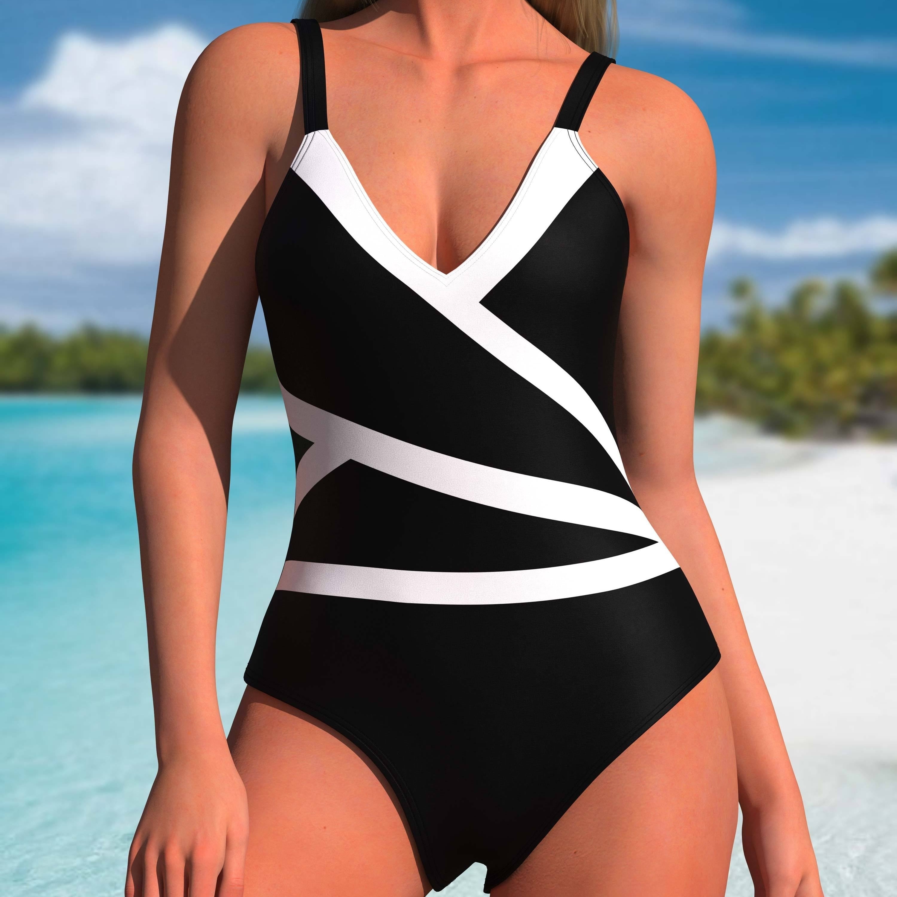 Black And White Color Block V Neck One Piece Swimsuit Stretchy Retro