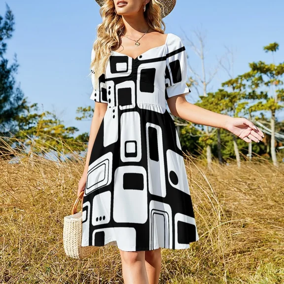 Black White Contrast Abstract Sleeveless Dress Female clothing dress party night