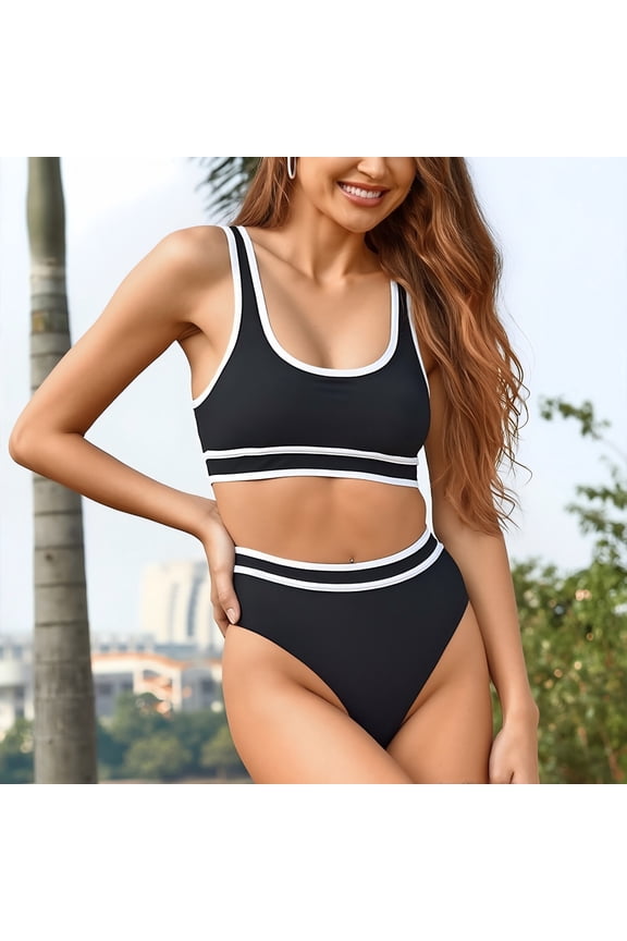 Black & White Contrast Trim Bikini Set, High Waisted Sporty Two-Piece Swimwear for Women