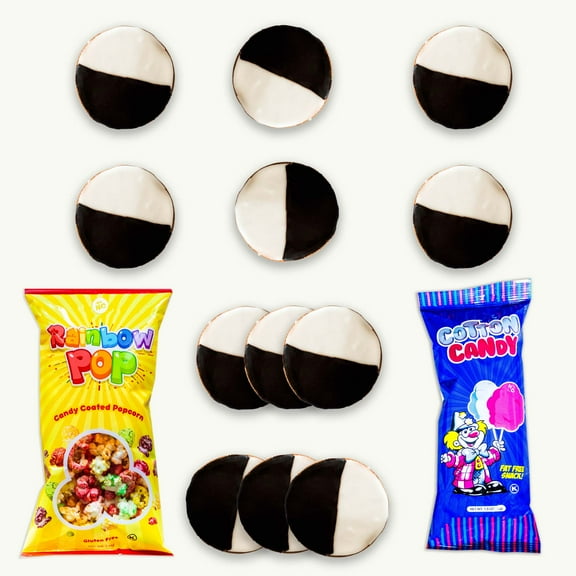Black and White Cookies (12pk) - Individually Wrapped - Gourmet New York City Style - Cotton Candy (1.6oz) - Rainbow Candy Coated Popcorn (2oz) - 14 items