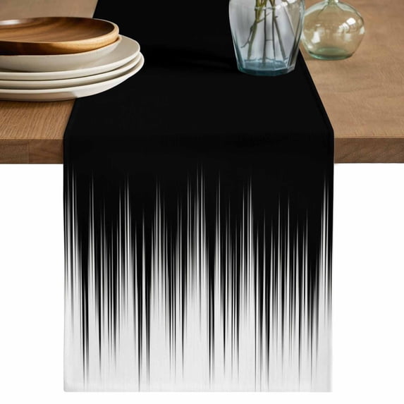 Black White Cotton Linen Table Runner for Dining Kitchen, Modern Geometric Abstract Gradient Striped Wedding Outdoor Party Tablerunners, Dresser Scarf Coffee Tablecloth Runners 13x108 Inches