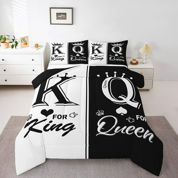 Black White Couple Full Down Comforter For Adults Men Women,King And Queen Crown Bedding Set Mr Mrs His Her Comforter Set Romantic Valentine'S Day Gifts Quilt Set 3 Pcs Room Decor