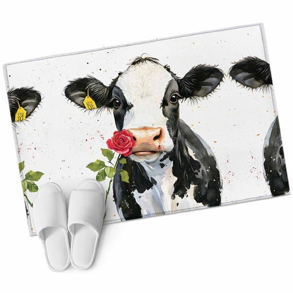 Black White Cow 2'x3' Washable Rug, Spring Farmhouse Animals Printed Red Floral Non-Slip Soft Doormat Area Rugs for Entrance Bathroom Bedsides, Carpet for Kitchen Bedroom, Entryway Floor Mat