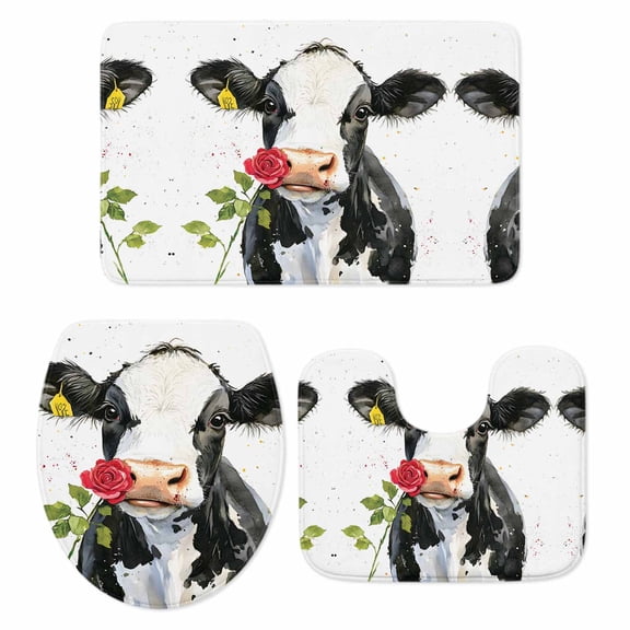 Black White Cow Bath Mat 3 Piece Bathroom Rug Set, Spring Farmhouse Animals Printed Red Floral Non Slip Bath Rug Contour Mat and Toilet Lid Cover, Absorbent Shower Mats Soft Bath Rugs and Mats Sets