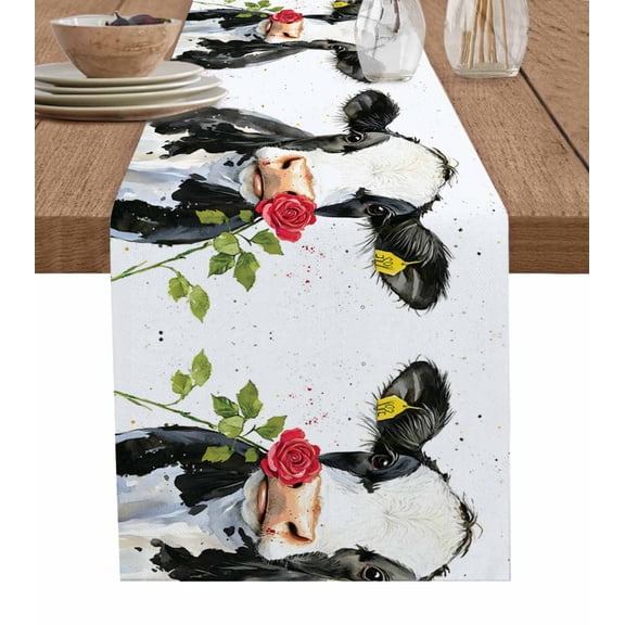 Black White Cow Burlap Cotton Table Runner 13x36 Inches Short, Spring Farmhouse Animals Printed Red Floral Farmhouse Table Runners, Outdoor Dining Tablecloths Decor for Baby Shower/Party/Wedding