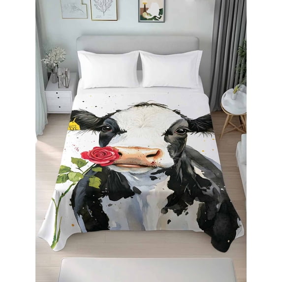 Black White Cow Full Size Flat Sheet, Wrinkleproof & Fadeproof Cooling Flat Bed Sheet Only, Spring Farmhouse Animals Printed Red Floral Breathable Soft Bedding Top Sheets 81 x 96 Inches