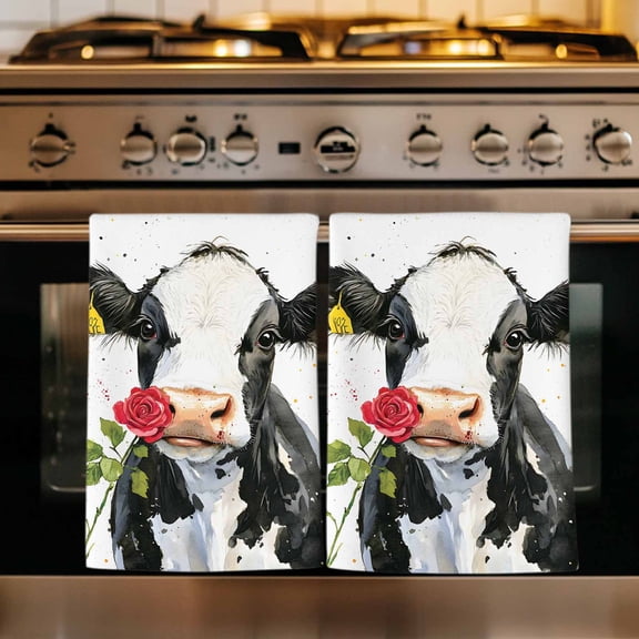 Black White Cow Kitchen Towels Set of 4, Spring Farmhouse Animals Printed Red Floral Absorbent Dish Towels for Kitchen, Microfiber Hand Towel, Quick Drying Tea Towel for Cleaning Dishcloths