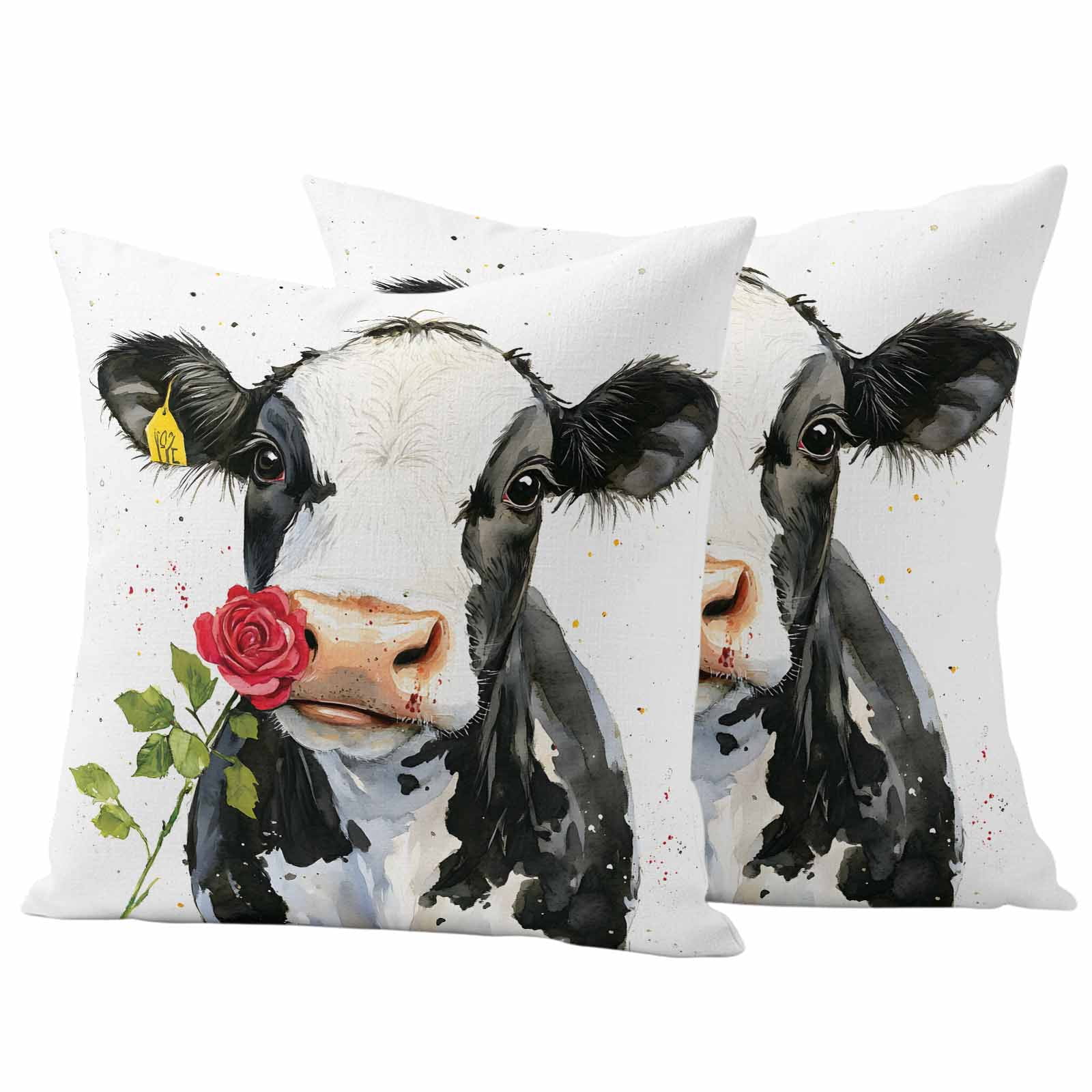 Black White Cow Outdoor Waterproof Pillow Covers, Spring Farmhouse Animals Printed Red Floral Decorative Square Throw Pillowcase Sofa Cushion Sham for Patio/Couch/Chair, 26"x26" 2 Pack