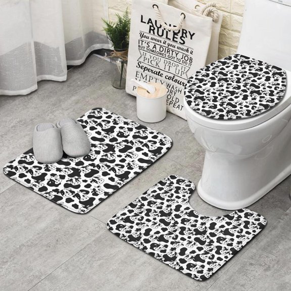 Black White Cow Pattern Bathroom Rugs Sets 3 Piece,Toilet Cover Set,Absorbent Non Slip Bathroom Mats Sets with U-Shaped Contour Rug Toilet Rug Set