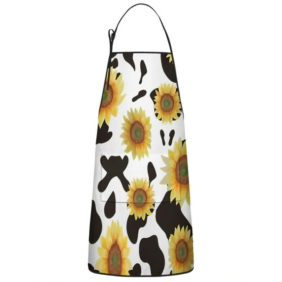 Black White Cow Pattern Sunflower Apron-Garden Aprons for Women with Pockets-Cotton Linen Waterproof Kitchen Cooking Gardening Aprons Adjustable for Kitchen,Cooking,BBQ and Salon 33x27 Inch