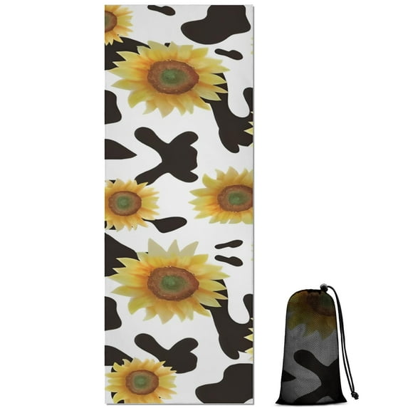 Black White Cow Pattern Sunflower Hot Yoga Mat Towel Non Slip for Hot Yoga - Quick-Drying Yoga Mat Cover with 4 Corner Pockets with Travel Bag - Hot Yoga Towel Non Slip 74"x26"