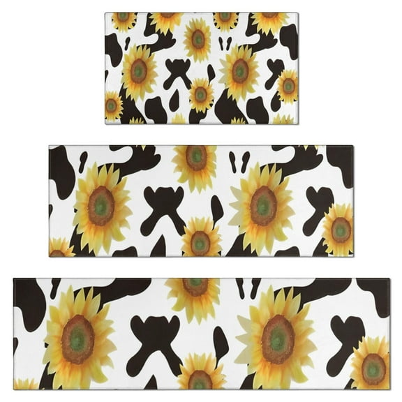 Black White Cow Pattern Sunflower Kitchen Rugs Sets Of 3,Kitchen Runner Rugs Non Skid Washable,Decorative Kitchen Floor Mats for Kitchen,Sink,Laundry,17"x30"+ 17"x47" + 17"x59"