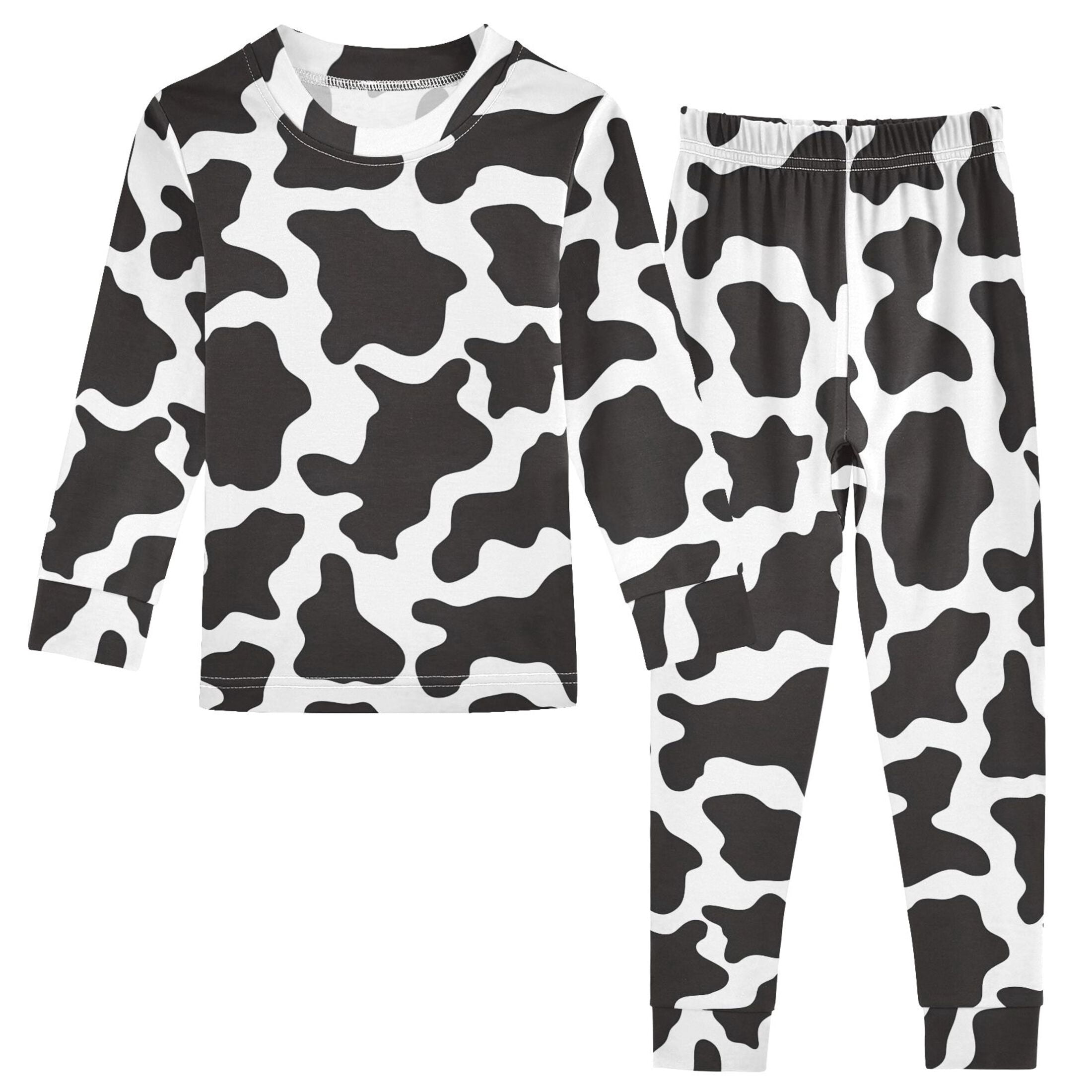 Black White Cow Print Pattern Cotton Pajamas 2 Piece Set Sleepwear Soft ...