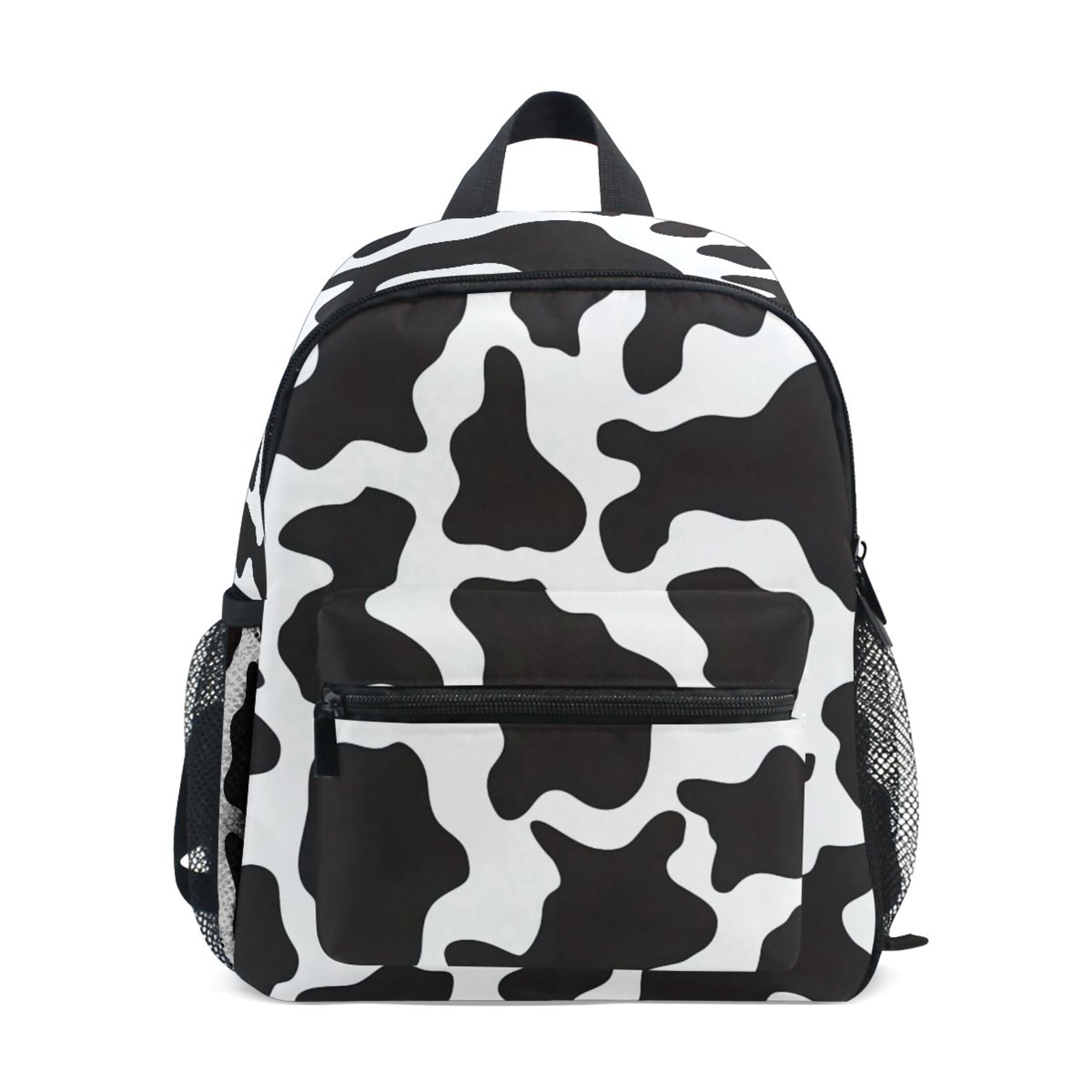 Black White Cow Print Pattern Mini Backpack Cute Small Backpack with Chest Strap and Whistle Ages 3-8