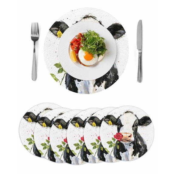 Black White Cow Round 13 Inch Placemats Set of 6, Spring Farmhouse Animals Printed Red Floral HeatResistant Non Slip Place Mats for Dining Table, Wipeable Braided Kitchen Table Mats for Housewarming
