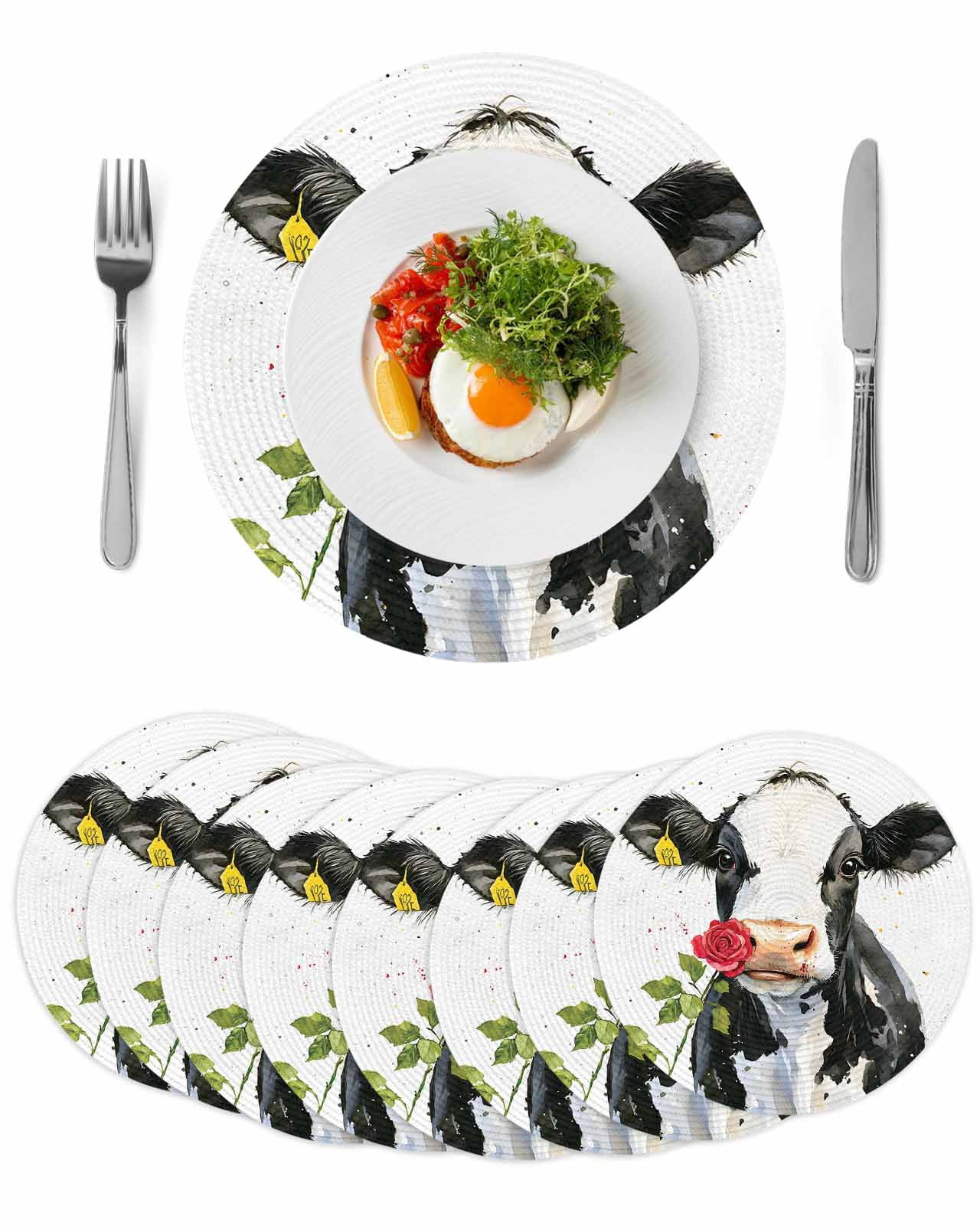 Black White Cow Round 13 Inch Placemats Set of 8, Spring Farmhouse Animals Printed Red Floral HeatResistant Non Slip Place Mats for Dining Table, Wipeable Braided Kitchen Table Mats for Housewarming