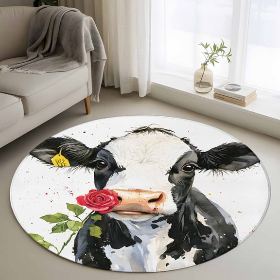 Black White Cow Round Area Rug 3.3 FT,Non Slip Small Entryway Kitchen Mat,Spring Farmhouse Animals Printed Red Floral Washable Soft Circular Rug Non-Shedding Door Mat for Bathroom Playroom Kids Room