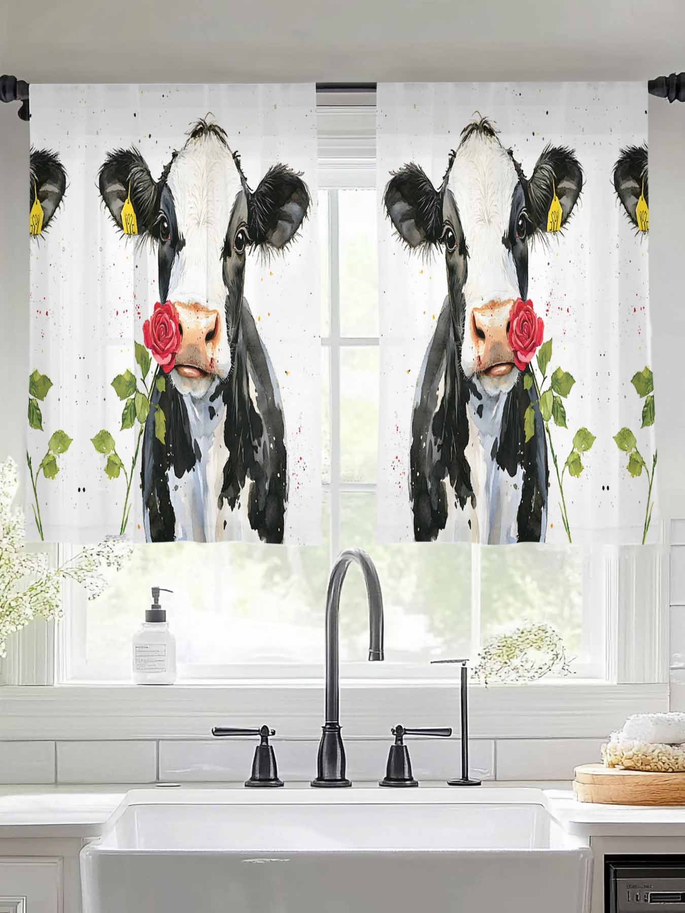 Black White Cow Sheer Curtains for Living Room Bedroom Spring Farmhouse