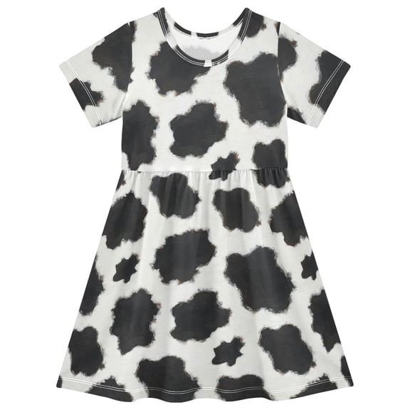 Black White Cow Skin Print Short Sleeve Dress A-Line Cute Midi Casual Sundress 2-8 Years