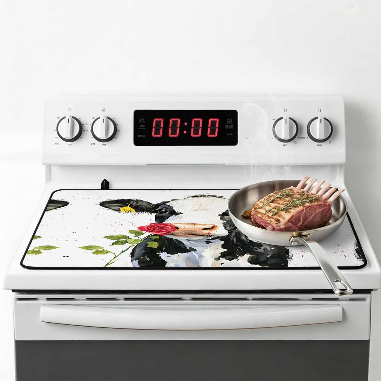 Black White Cow Stove Top Cover for Electric Stove, Heat-proof & Non Slip Glass Top Stove Cover Protector, Spring Farmhouse Animals Printed Red Floral Kitchen Flat Cooktop Rubber Mat 24x21 Inches