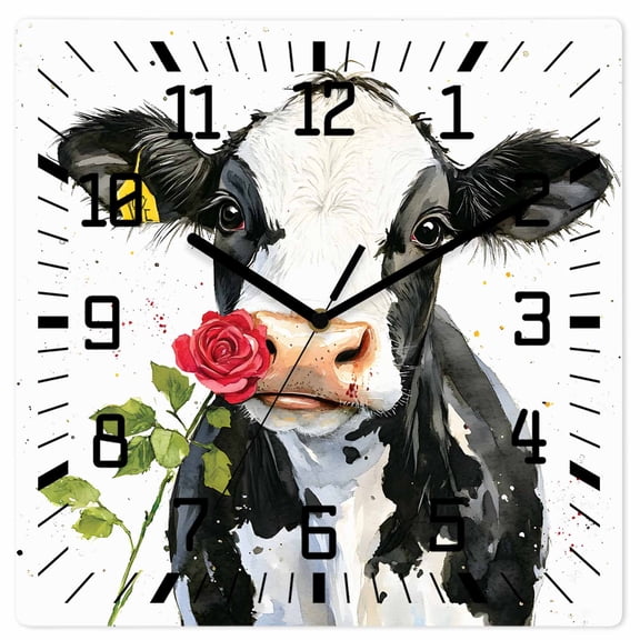 Black White Cow Wooden Wall Clock Silent Non Ticking, Spring Farmhouse Animals Printed Red Floral Square Wall Clocks Battery Operated, Decor Clock for Home Office, Living Room, Kitchen, 10 Inch