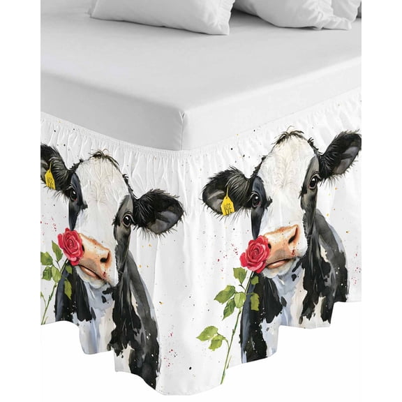 Black White Cow Wrap Around Bed Skirts for Queen Bed 16" Drop,Bed Skirt with Adjustable Elastic Belt Dust Ruffle Bed Valance for Bedroom Spring Farmhouse Animals Printed Red Floral Bed Frame Cover