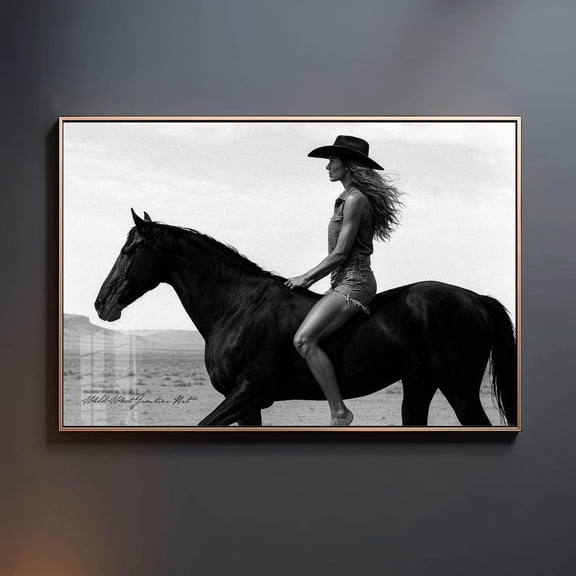 Black & White Cowgirl On Horseback, Western Fine Art Poster Home Decor #3020, Stretched Canvas Size 12x18