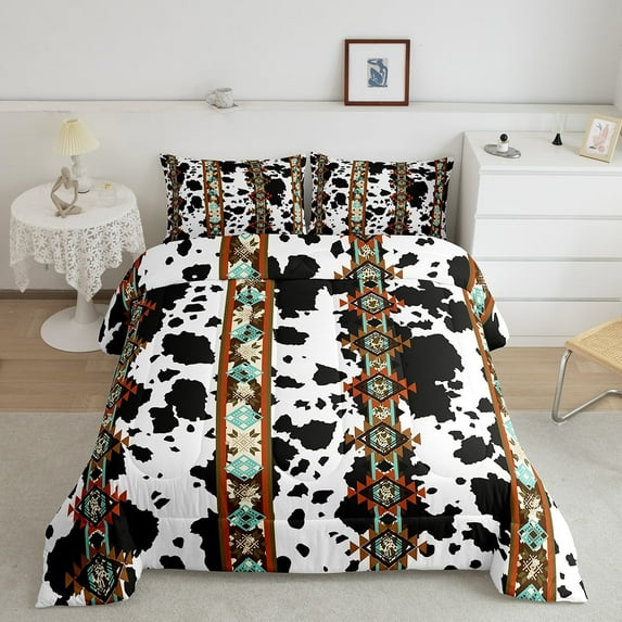 Black and White Cowhide Bedding Set Highland Cow Print Quilt,Western Comforter Set Full Exotic Aztec Duvet Insert,Farmhouse Wild Animals Longhorn Skin Room Decor,Cowboys Gifts for Men