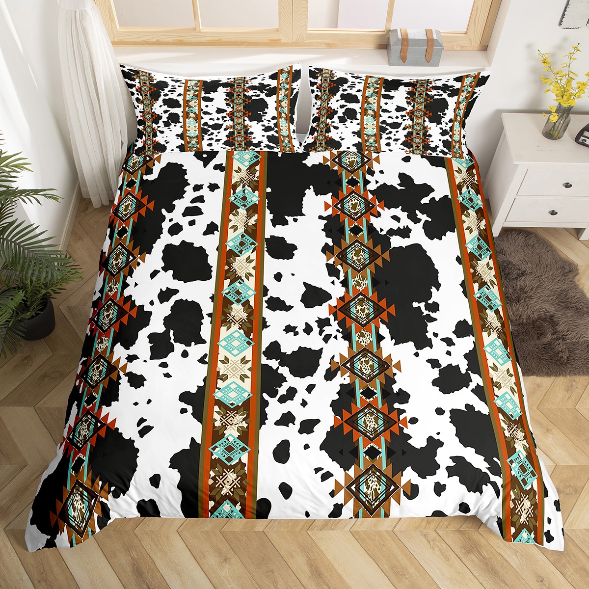 Black and White Cowhide Duvet Cover Highland Cow Print Comforter Cover,Western Bedding Sets King