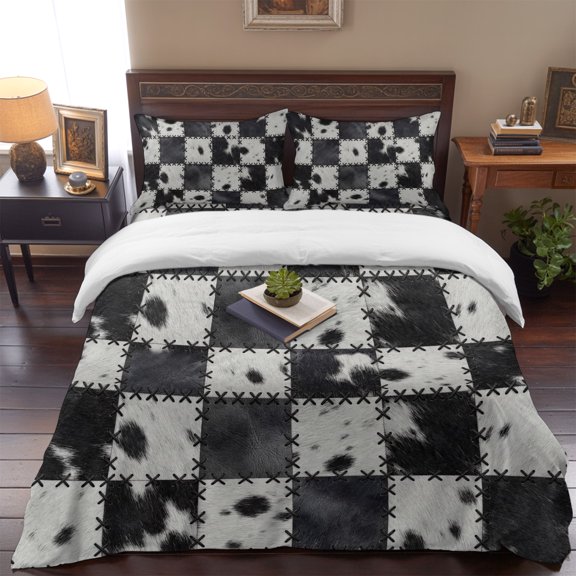 Black White Cowhide Patchwork Queen Size Bed Set,Abstract Plaid Seamless Bedding for All Seasons,4 Pcs Bed Set,1 Quiltcover (90"x90"),1 Sheet (90"x102"),2 Pillowcases (20"x30")