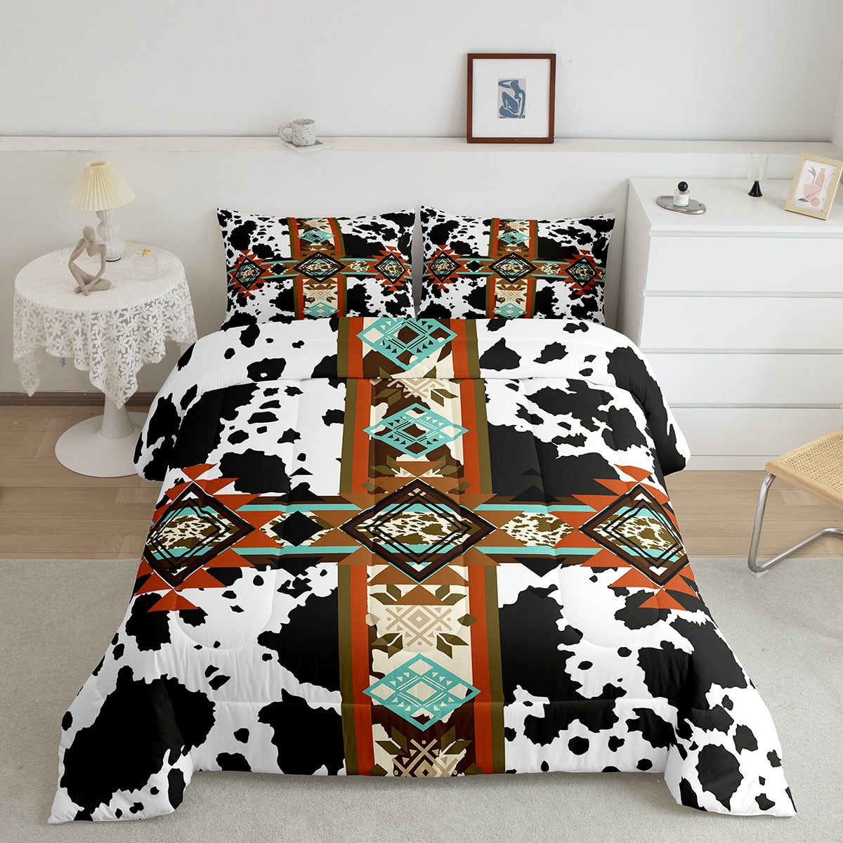 Black and White Cowhide Quilt Highland Cow Print Bedding Set,Western