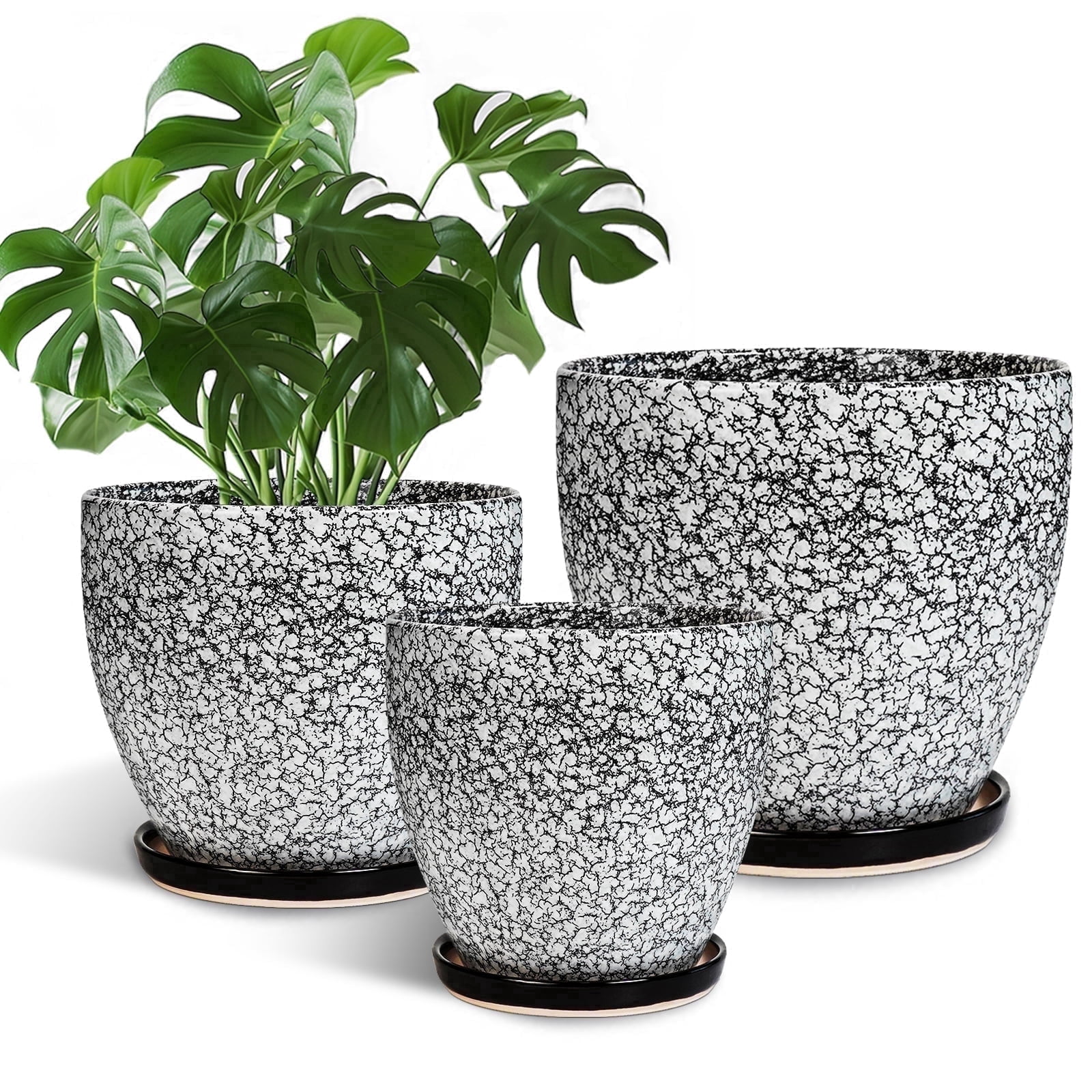 EPFamily 6 8 10 inch Black Ceramic Planter Pots Set of 3 with Drainage Holes and Saucers – Wood Crackle Finish for Indoor Plants, ZZ Plant, Snake Plant, Succulents