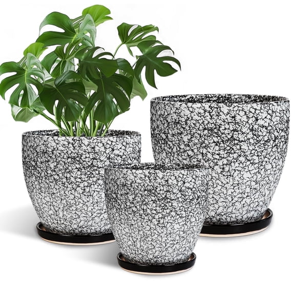 Ceramic Planter Pots Set of 3 - 6/8/10 inch with Saucer Round Pots for Indoor Plants for ZZ Plants & Flowers Windowsill Decor Black Wood Crackle