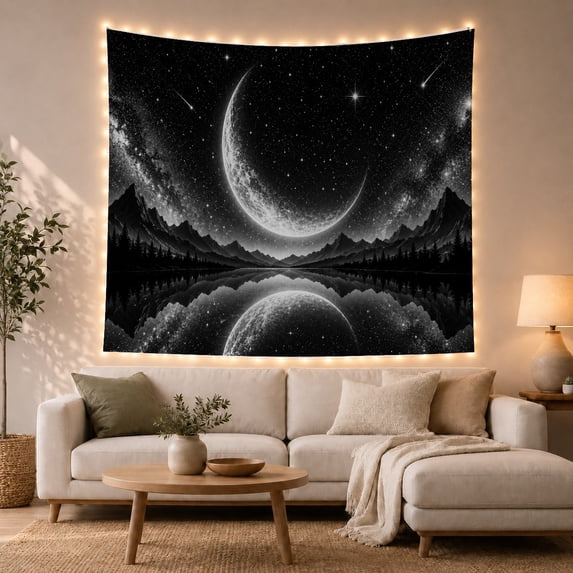 Black and White Crescent Moon Above Mountains, Dreamy Digital Art for Space Lovers, Night Sky Decor, Housewarming Gift, Tapestry Wall Hanging for Bedroom and Dorm