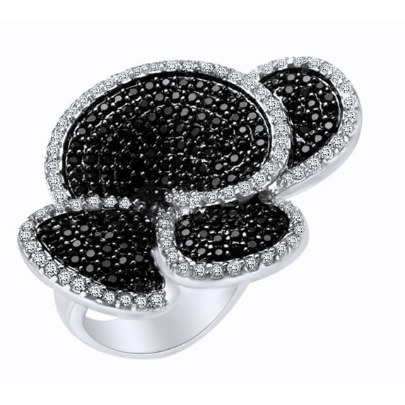 AFFY Black & White Cubic Zirconia Flower Engagement Ring in 14k White Gold Over Sterling Silver (3 Cttw), Ring Size - 4