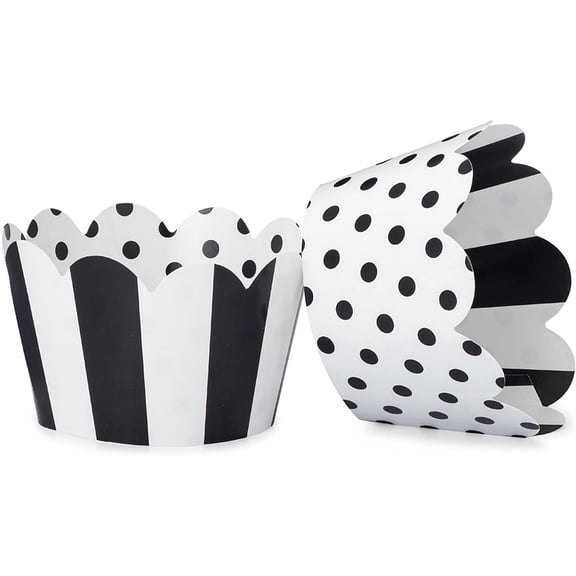 Black and White Cupcake Wrappers for Weddings, Graduations, Kids and Adult Birthday Parties, Baby Showers. Set of 24 Reversible Cup Cake Holder Wraps with Polka Dots and Stripes. Black, White