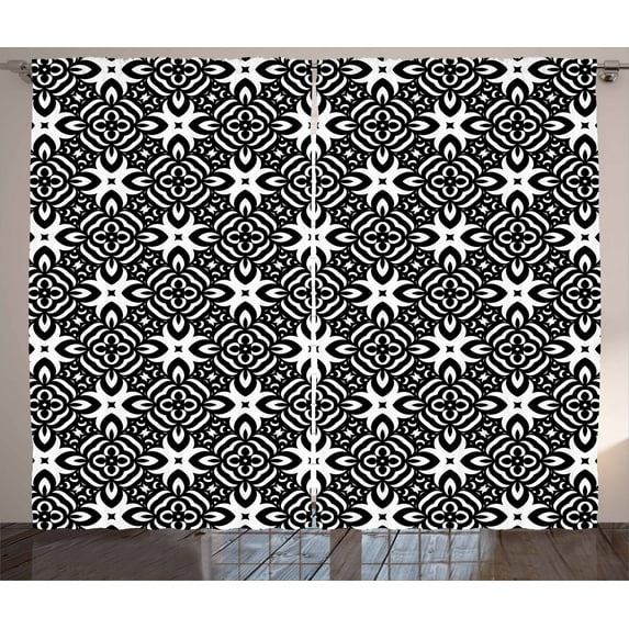 Ambesonne Black and White Curtains 2 Panel Set, Monochrome Details, 108" x 96", Black White