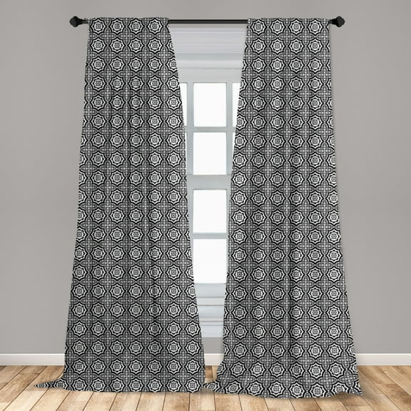 Black and White Curtains 2 Panels Set, Blooming Flowers with Oriental Swirls and Curves Monochrome, Window Drapes for Living Room Bedroom, Black and White, by Ambesonne