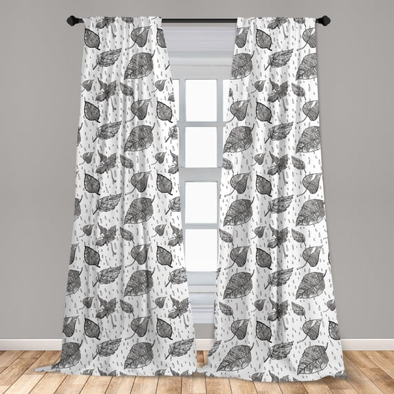 Black and White Curtains 2 Panels Set, Doodle Autumn Foliage with Waterdrips Rainy Autumn Weather and Nature, Window Drapes for Living Room Bedroom, 56"W X 63"L, Black White, by Ambesonne