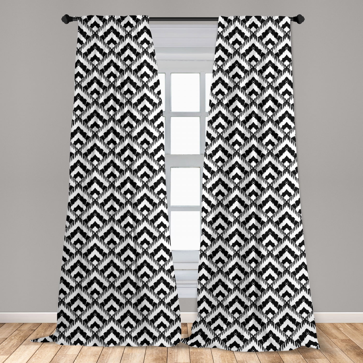 Black and White Curtains 2 Panels Set, Hand Drawn Herringbone Lines