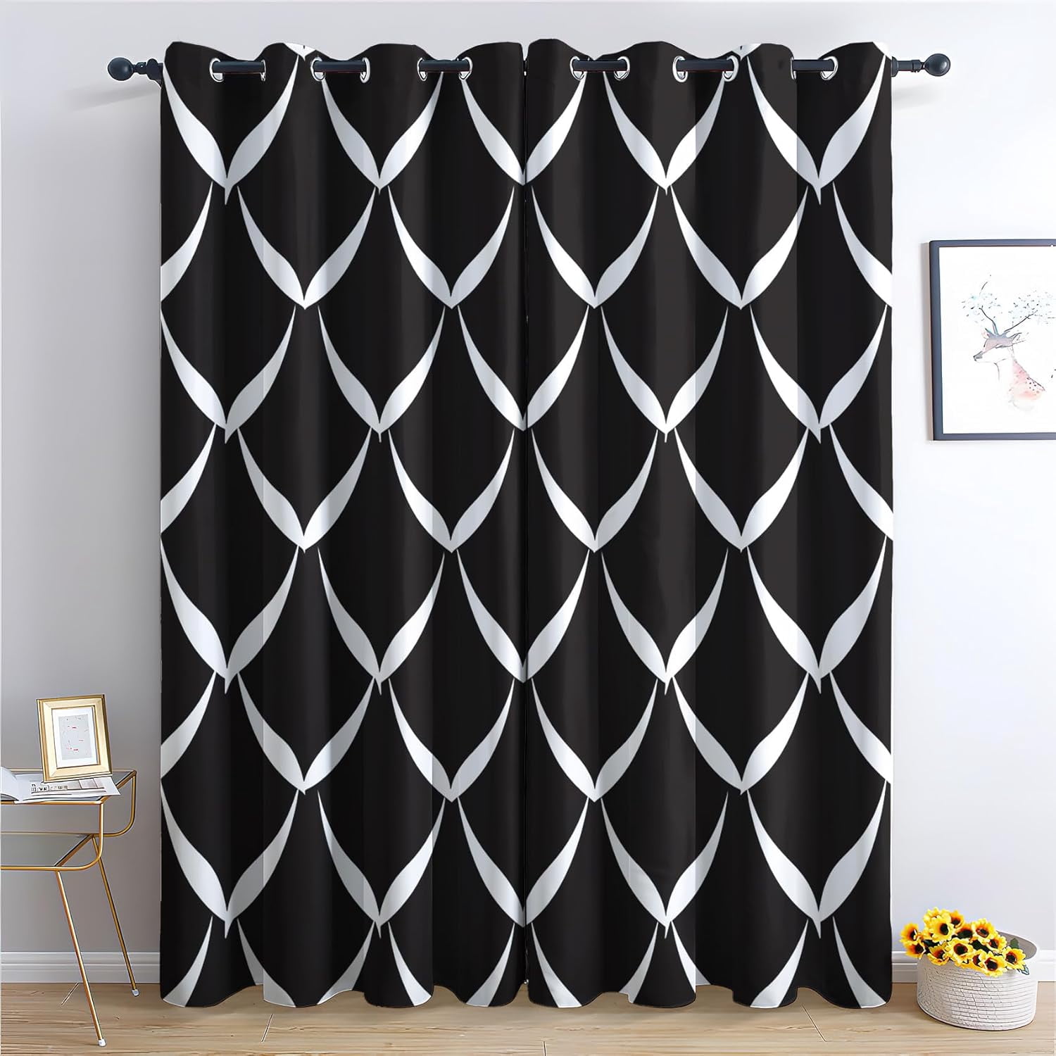 Black And White Curtains For Bedroom Living Room, Geometric Blackout