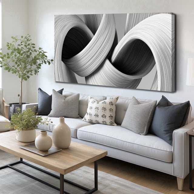 Black White Curved Line Canvas Wall Art, Abstract Twisted Stripes ...