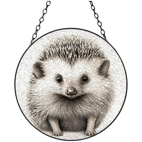 Black and White Cute Hedgehog Stained Glass Suncatcher Handmade Window Hanging Colored Glass Suncatcher Crafts Kits for Indoor Garden Decor Memorial Gift 16x16cm